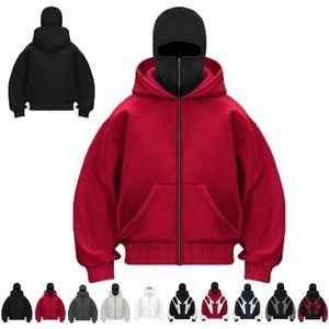 Balaclava Hoodie Rits, Winter Windbestendig Heren Hoodies Bivakmuts Dubbele Capuchon Fleece Ritsjack Met Masker(Red,L)