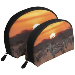 Make-uptas, reizen cosmetische tas 2 stuks draagbare clutch Pouch Set Pouch Organizer Afrika Zonsondergang Zebra Print, zoals afgebeeld, Eén maat