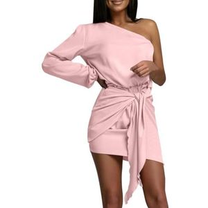 UPPJPBSW Een schouder gerimpelde jurk met strikceintuur, dames lange mouwen, bodycon mini, formeel, cocktail- en avondfeest,Roze,L