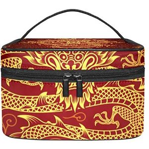 Schattige olifanten roze sluitogen make-up tas voor vrouwen meisjes cosmetische tassen met handvat reizen make-up organizer tas, Chinese gouden draak rood klassiek, 8.9x5.9x5.4 Inches, Make-up zakje