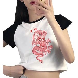 Y2K Y2K Chinese Dragon Print T-shirts Zomer Korte Mouw Crop Top Crewneck Kawaii Tops Blouse Y2K E-Girl Esthetische Kleding Streetwear, # 3, XL