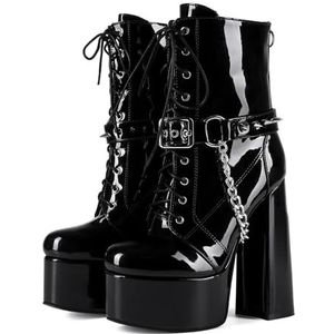 AEXET Vrouwen Chunky Hoge Hakken Platform Mid Kuit Laarzen, Vetersluiting Gesp Bandjes Hoge Hakken Enkellaarzen, Ronde Neus Rits Ketting Platform Schoenen, 14.5cm, Zwart, 36 EU