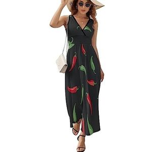 Rode en groene paprika's maxi-jurk voor dames mouwloze lange zomerjurken strandjurken A-lijn XL