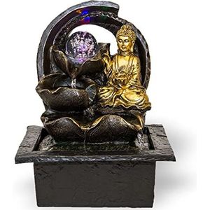 NATIV Kamerfontein met Boeddha Gyan, tafelfontein met ledverlichting, decoratieve sierfontein met Feng Shui elementen, fontein met waterval en beweegbare glazen bol