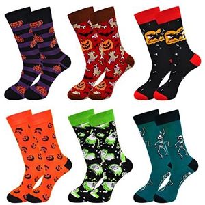 PUTUO Kerstsokken voor heren: katoenen kerstsokken voor heren, grappige sokken, kleurrijk grappig patroon, 39-45, Halloween A-6 paar, 39-45 EU