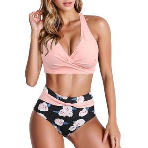 Bikini Dames Buik Controle Tweedelig Badpak V Hals Push Up Badmode Hoge Taille Bloemenprint Badmode Zomer Plus Size Badpak Top + Zwemshorts(Pink,XX-Large)