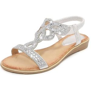 Women's Sandals Summer Elastic Flower Rhinestone Open Toe Flat Sandals Comfortable Footbed Fashion Casual Beach Shoes (Color : Silver, Size : 40 EU)