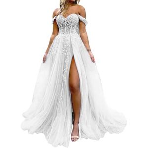 HPPEE Dames off-shoulder galajurken met split kant applicatie glitter tule formele jurk lange baljurk, Wit, 32