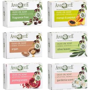 Aphrodite Olijfolie zeepset. 6-delige set natuurlijke zeep. Zeep met 100% Griekse olijfolie (Mango & papaya, argan, olijfbladeren, granaatappel, ezelmelk) zeep - kernzeep - handzeep