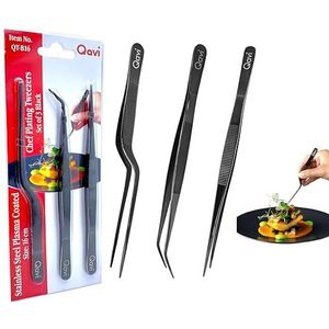 Professionele chef-kok plating pincet, 16 cm set van 3 (recht, gebogen en offset), precisie culinaire tang, handgemaakt van hoogwaardig roestvrij staal plasma gecoat | 16 cm zwart