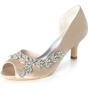 SYDZSW Satijnen Naald Hak Trouwschoenen Bruidsschoenen Hoge Hakken Ivoor Sandaal Bruidsband met Strass 35-43, Champagne, 43 EU