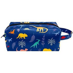 Marineblauw dinosauruspatroon waterdichte cosmetische tas voor vrouwen meisjes, lederen toilettas met handvat en rits, draagbare vierkante make-up tas