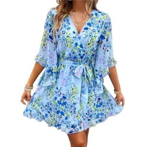 CupitiDU Dames Boho Bloemen Gedrukt Chiffon Jurken, Casual Zomer V-hals Chiffon Lange Boerenmouwen Vloeiende Orset Jurk, Blauw, XL