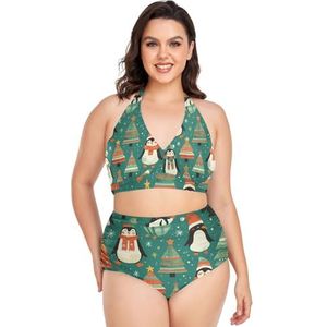 Xmas Leuke Pinguïn Groene Boom Vrouwen Bikini Sets Plus Size Badpak Twee Stukken Hoge Taille Strandkleding Meisjes Badpakken, Pop Mode, 4XL