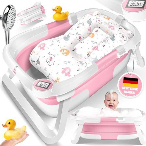 KIDIZ® Babybadje, ruimtebesparend en opvouwbaar, badje, douchebak voor pasgeborenen en peuters, 0-24 maanden, reisdouche, draagbaar, voor baby's, ergonomisch met thermostaat en kussen
