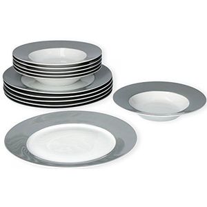Van Well Vario Tafelservies, 12-delig, bordenset voor 6 personen, 6 platte borden + 6 diepe soepborden, porseleinen servies, wit met rand in grijs, eetborden en saladeborden