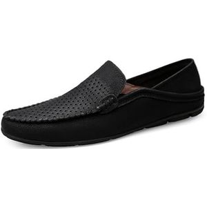 Loafers for heren Effen kleur Ademend Ronde neus Veganistisch leer Flexibele platte hak Antislip Outdoor Slip-on (Color : Black Hollow out, Size : 39 EU)