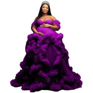 Off-shoulder geplooide moederschap tule gewaad voor fotoshoot zwangere ochtendjas pure lingerie nachthemd AH155, Pruim, 32
