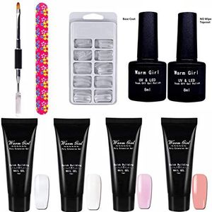 Warm Girl 4 Stks Poly Quick Gel Nagel Kit Verbetering Bouwer UV Gel Nagel Verlenging Proefset Professionele Technicus Franse Kit-Inclusief Borstelpen, Dubbele Formulieren Set voor Starter