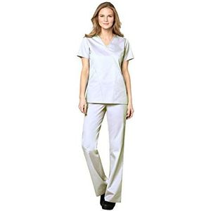 WonderWink WORK Scrubs Mock Wrap V-hals Top & Flare Been Trekkoord Broek Set + Badge Reel