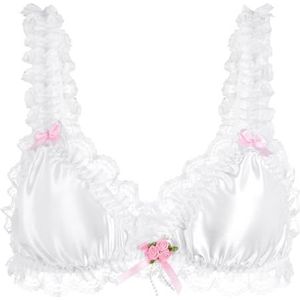 Satini Sissy Frilly Kant Getailleerd Satijn Bralette BH (Wit, L)