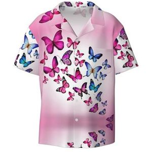 EdWal Roze Vlinders Print Heren Korte Mouw Button Down Shirts Casual Losse Fit Zomer Strand Shirts Heren Jurk Shirts, Zwart, XXL