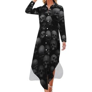 Zwarte Skull Head Maxi-jurk voor dames, lange mouwen, knoopjurk, casual feestjurk, lange jurk, 5XL