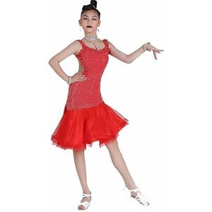 Yhwacyznm Mouwloze Latijns Amerikaanse dansjurken Professionele dansrok voor rumba en samba Dameskleding voor ballroomwedstrijden Meisjes Cha Cha Shiny danskleding,Rood,L