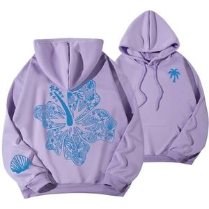 Preppy borduurwerk Hibiscus hoodie Leuke oversized hoodies Grafische pullover top for heren(Purple-3,XL)