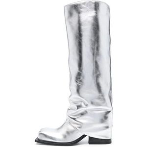 woileRQ Mode Chunky Heel Vierkante Neus Lange Laarzen Dames Laarzen Winter Laarzen Hoge Hak, Zilver, 42 EU