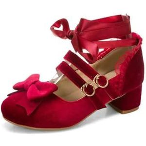 Lolita-schoenen voor dames met medium hak, flock-PU-leer, schattige strik, Mary Jane-pumps, bruid, bruiloft, cosplay, feest, rood, roze, zwart, schoenen, rood, 41 EU