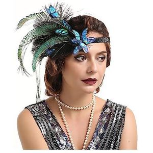 Veer elastische vlinder haarband, jaren 1920 Flapper Gatsby veren hoofdband, jaren 20 kralen dameshoofdtooi (kleur: kleurrijk, maat: 1)