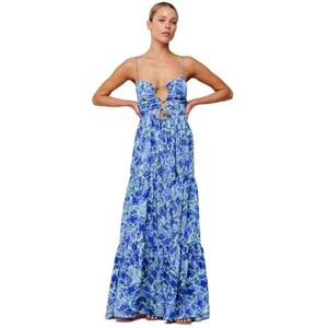 Zomerjurk met bloemenprint for dames, maxi-jurken met bandjes, uitgeholde strik en zwierige strandjurken(Blauw,XL)