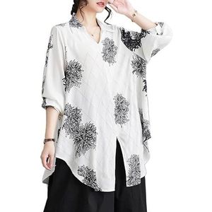 2024 Zomer Vrouwen Oversized Mode Bloemenprint Shirt Tops Revers Lange Mouw Onregelmatige Zoom Casual Flowy Blouse(Color:White)