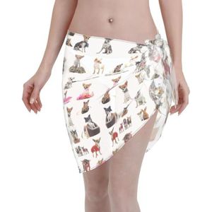 Leuke Chihuahua mopshond patroon print elegante strandwrap, bikini cover-up, badmode jurk, voor vrouwen, perfect voor zwembad en resort zwart, Zwart, one size