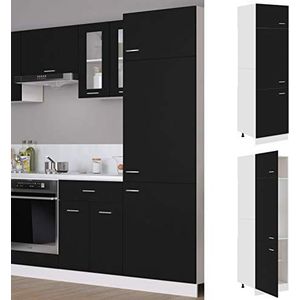 Rantry Meubelkast voor koelkast, zwart, 60 x 57 x 207 cm, van meerlaags hout, ruimtebesparend, outdoor meubels voor balkon, woonkamer, kantoor, slaapkamer, badkamer