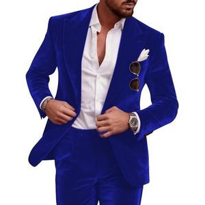 Fluwelen smokingpak voor heren, slanke pasvorm, 2-delige platte fleece jas, broekpak met piekrevers, koningsblauw, XS