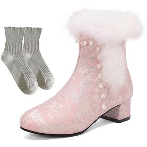 Herfst Winter Korte Laarzen Met Parel Warme, Pluche Gevoerde Enkellaarzen for Dames Elegante Enkellaarzen Met Blokhak Retro Snowboots Met Bloemenborduurwerk Vrije Tijd Enkelschoenen(Pink,42 EU)