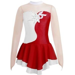 NUOYIXUAN Jurk met lange mouwen, strass steentjes voor meisjes, patchwork-jurk voor ballet, gymnastiek, dans, performance-kleding voor kinderen (rood D, 14)