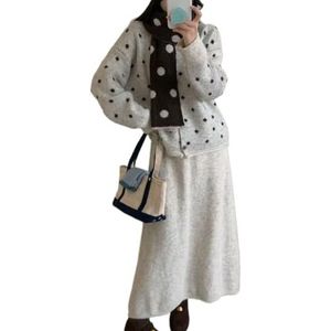 MLSHWUG Dames Dubbelzijdige Polkadot Gebreide Sjaal Knopen Vest Trui Met Elastische Taille Sets,Off white,One Size