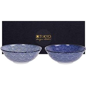 TOKYO Design Studio Nippon Blue Set van 2 kommen blauw-wit, Ø 21 cm, ca. 1000 ml, Aziatisch porselein, Japans design met blauwe patronen, incl. geschenkverpakking