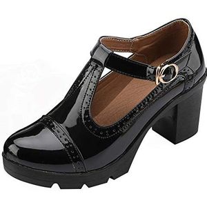 ANUFER Dames Half blokhak Brogue-Pompen Met T-Band Mary Janes-Uniform Schoenen Voor Kantoorkleding Zwart SN020216 EU37