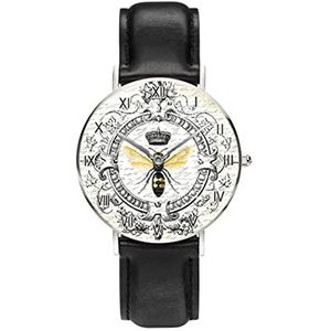 Moderne Vintage Franse Koningin Bee Gepersonaliseerde Custom Horloge Casual Zwart Lederen Band Polshorloge voor Mannen Vrouwen Unisex Horloges, Zwart, riem