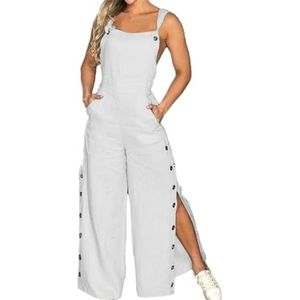 Tdvcpmkk Jumpsuit voor dames, wijde pijpen, mouwloos, taille, cargobroek, split-knoop, jumpsuit, Wit, XL