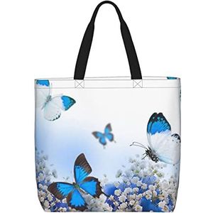 LAMAME Kleurrijke bloem vlinder gedrukt grote capaciteit boodschappentas mode schoudertas herbruikbare draagtas, Blauwe Vlinder, Eén maat