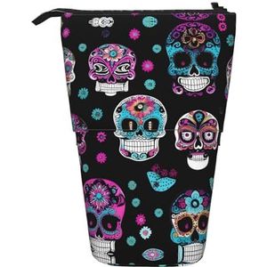 Nbtghga Kleurrijke Schedels Print Potlood Telescopische Klassieke Kunsten Stand Up Potlood Case Organizer Potlood Houder Make-up Tas Gift, Zwart, Eén maat