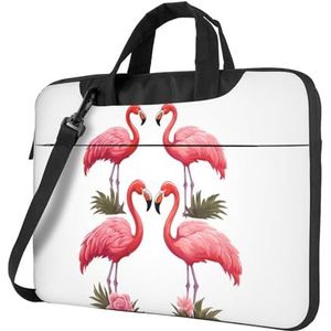 Flamingos On White Laptop Schoudertas Waterdichte Draagbare Laptop Case Sleeve Crossbody Messenger Aktetas W/Strap Handvat, Zwart, 15.6