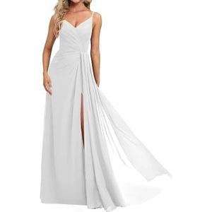Prinses Bruidsmeisjes Jurken Spaghetti Bandjes Galajurken Chiffon Formele Avondfeest Maxi Jurk met Split ZM210, Wit, 32