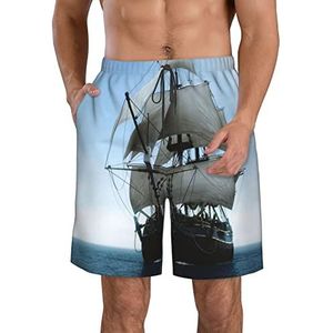 JIAWUJYNB Old Sailing Ship Print strandshorts voor heren, zomervakantie, strandshorts, casual, lichtgewicht trekkoord, Wit, L