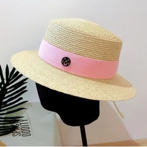 Elegante brede rand schippershoed zomer raffia hoed dames stro zonnehoed platte stro fedoras derby met verwisselbare gekleurde banden(Size:Natural-Pink)